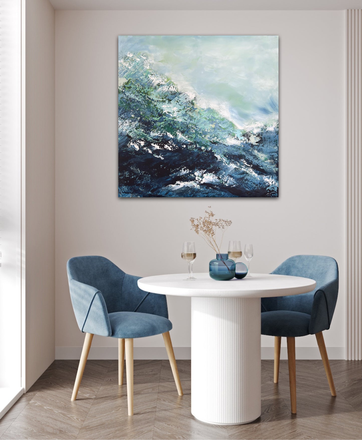 Paveikslas jūros tematika, tapytas abstrakčiu stiliumi. Modernus vienetinis paveikslas tinkantis tiek moderniam interjerui tiek labiau klasikiniam.